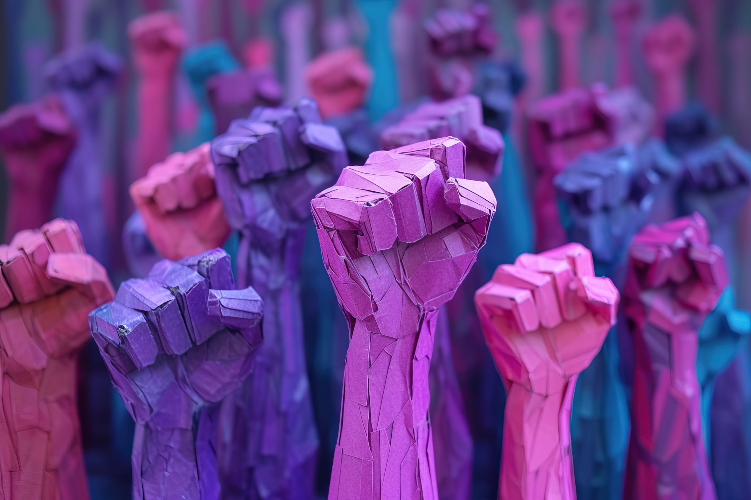 Create a 3D cardboard scene of several women's fists raised high, painted in different shades of purple, as a symbol of resistance against gender violence --ar 3:2 --stylize 300 --v 6 Job ID: e1dcf854-5b99-44a8-a4c9-2a479b2a7b5f